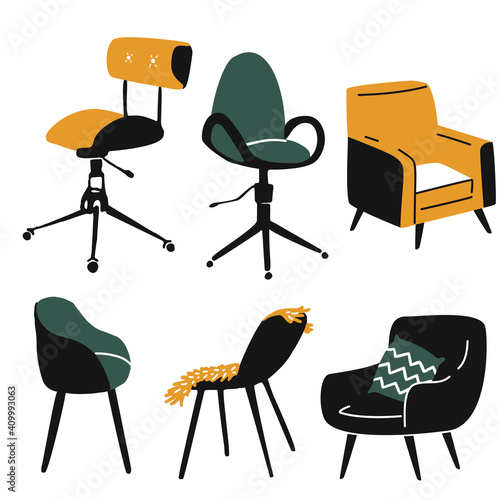 Armchairs set, compy sofa and office chair. Different types of sitting places. Modern design, simple doodle vector illustrations. photo