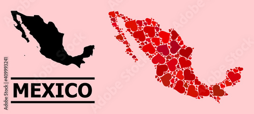 Love mosaic and solid map of Mexico on a pink background. Mosaic map of Mexico formed with red love hearts. Vector flat illustration for dating concept illustrations.