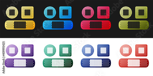 Set Set Bandage plaster icon isolated on black and white background. Medical plaster, adhesive bandage, flexible fabric bandage. Vector.