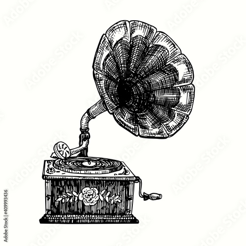 Hand drawn vintage phonograph with rose flowers decoration. Ink black and white drawing. Vector illustration. Front view