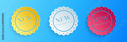 Paper cut New product label, badge, seal, sticker, tag, stamp icon isolated on blue background. Paper art style. Vector.
