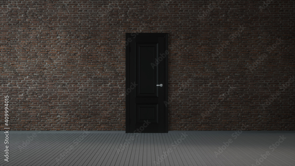 Brick wall, black door and wooden floor, abstract empty interior background. 3d illustration Brick wall, black door and wooden floor, abstract empty interior background. 3d illustration