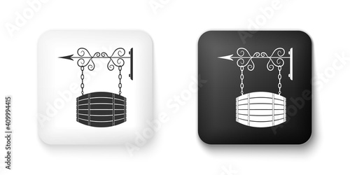 Black and white Street signboard on forged brackets with barrel shaped wooden icon isolated on white background. Suitable for bar, cafe, pub, restaurant. Square button. Vector.