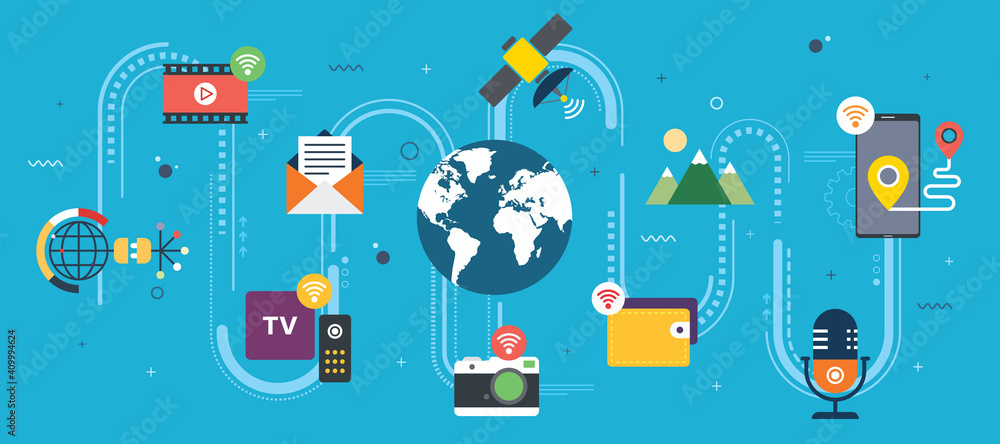 Internet of Things, connected objects that exchange information. Infrastructure of interconnected smart devices.Icon design in vector of video, wallet, smartphone, sound, house in blue background.