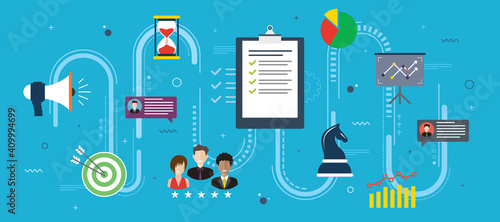 Time management strategy and deadline. Teamwork, leadership and productivity in business. Icon design in vector of clock, agenda, calendar, idea, team and hourglass in blue background.