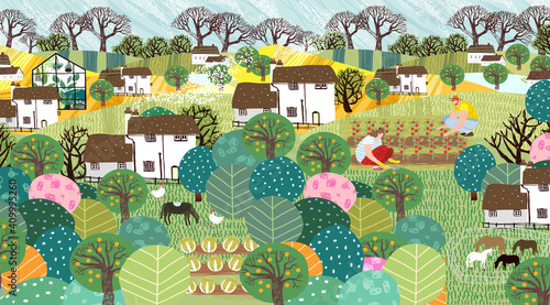 Garden, farm, nature and countryside. Vector illustration of a landscape with houses, trees, agriculture, livestock and grass. Drawing for banner, postcard or background #409995260