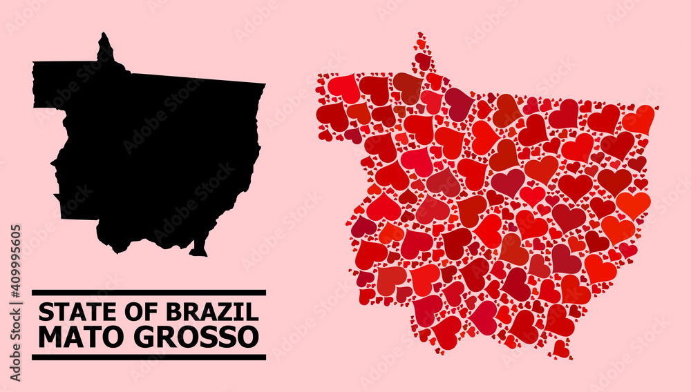 Love pattern and solid map of Mato Grosso State on a pink background. Collage map of Mato Grosso State composed with red lovely hearts. Vector flat illustration for love concept illustrations.