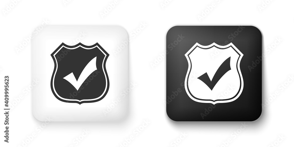 Black and white Shield with check mark icon isolated on white background. Protection, safety, security, protect, defense concept. Tick mark approved icon. Square button. Vector. Black and white Shield with check mark icon isolated on white background. Protection, safety, security, protect, defense concept. Tick mark approved icon. Square button. Vector.