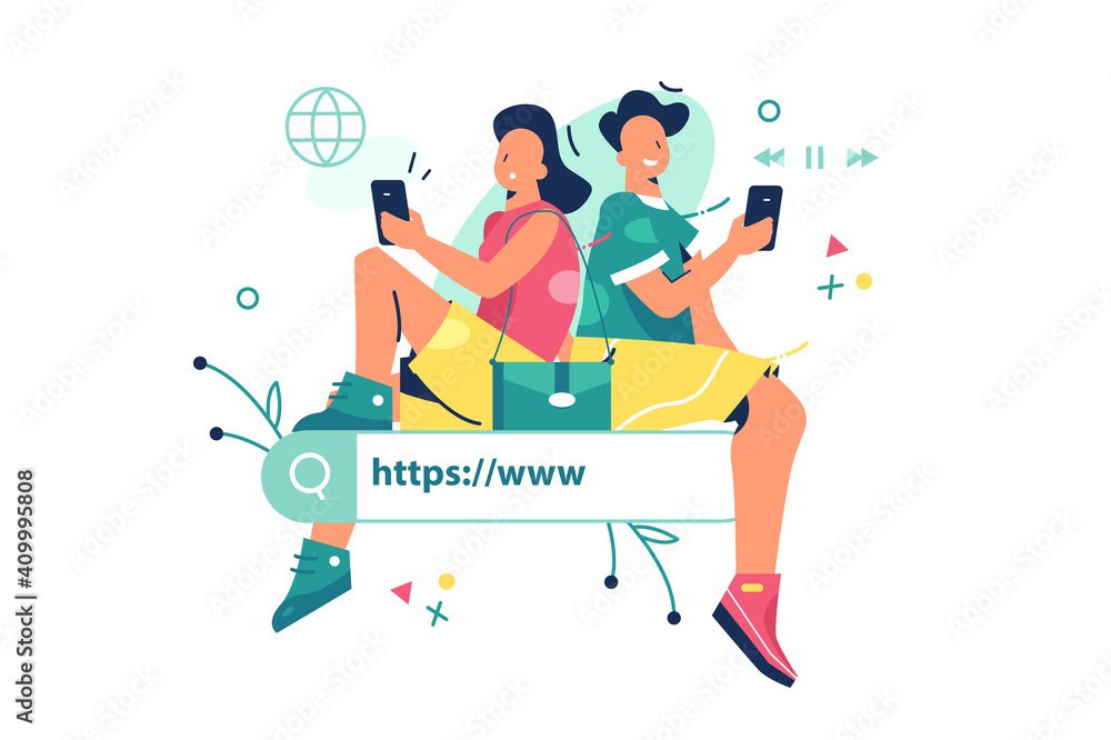 Fototapeta premium Web search on smartphone vector illustration. People search information on internet page flat style. Technology, development and online concept. Isolated on white background