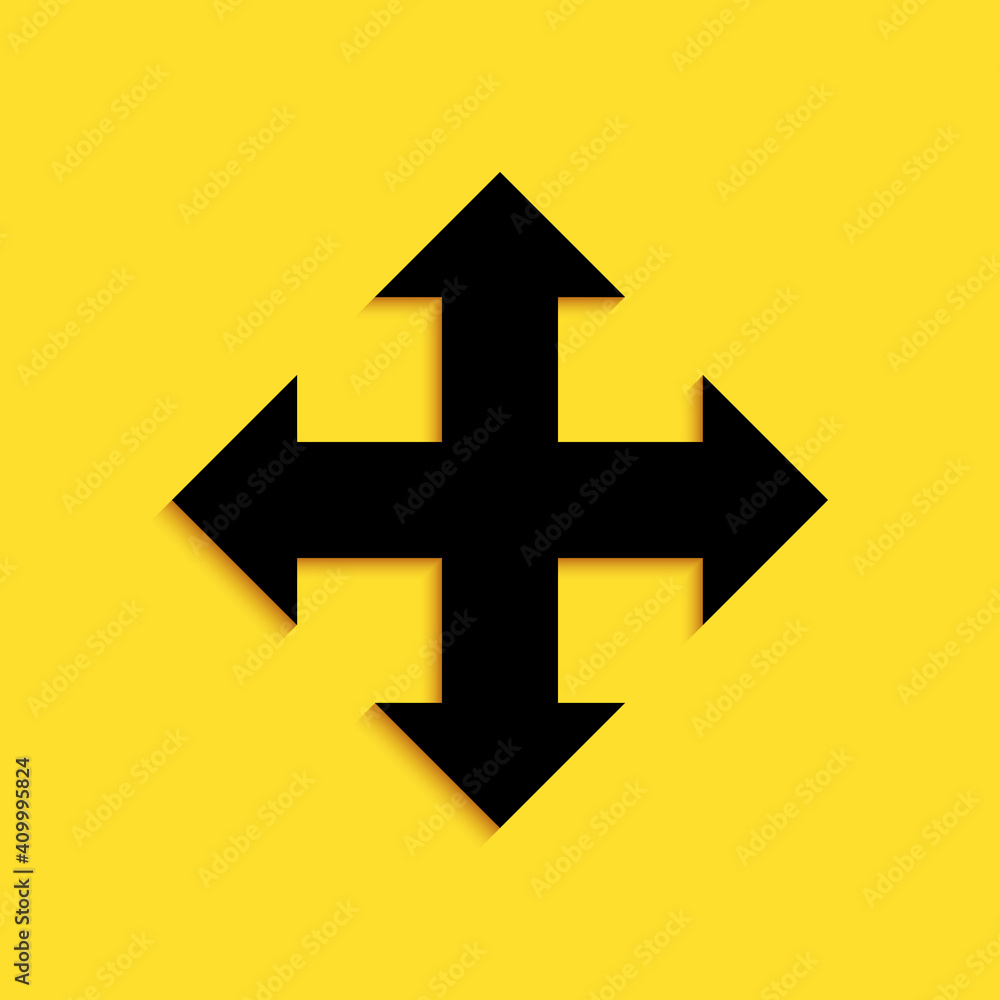 Black Arrows in four directions icon isolated on yellow background. Long shadow style. Vector. Black Arrows in four directions icon isolated on yellow background. Long shadow style. Vector.