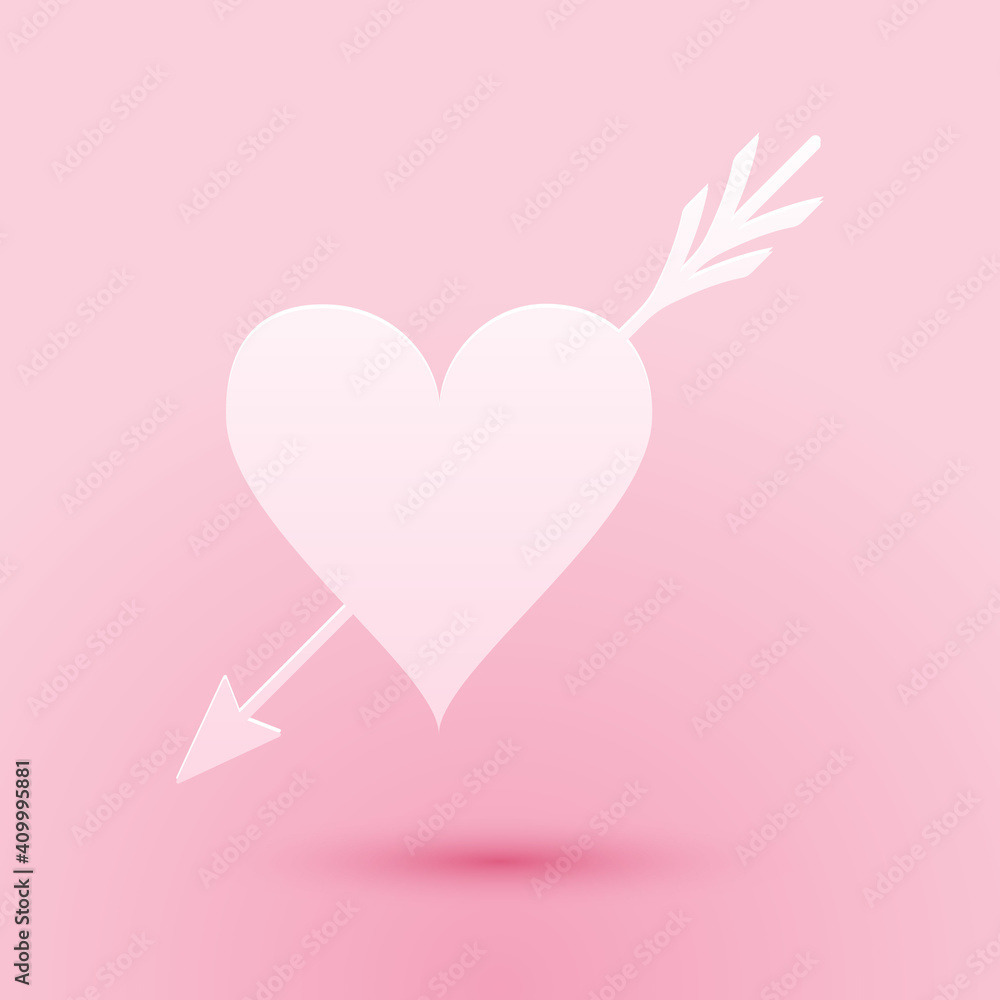 Paper cut Amour symbol with heart and arrow icon isolated on pink background. Love sign. Valentines symbol. Paper art style. Vector.