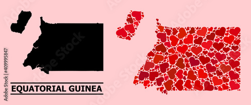 Love pattern and solid map of Equatorial Guinea on a pink background. Mosaic map of Equatorial Guinea is composed with red lovely hearts. Vector flat illustration for love abstract illustrations.