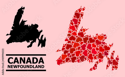Love pattern and solid map of Newfoundland Island on a pink background. Collage map of Newfoundland Island is formed with red hearts. Vector flat illustration for love concept illustrations.