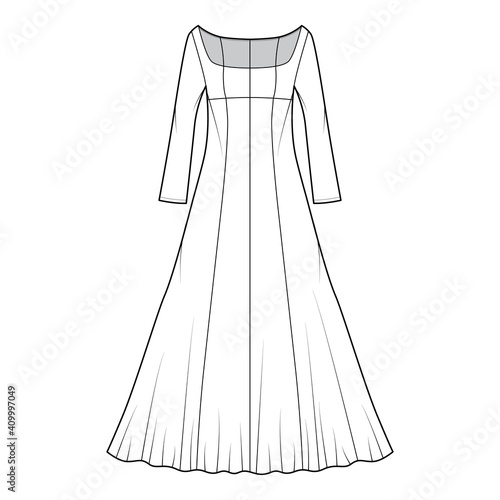 Dress evening technical fashion illustration with scoop neck, maxi floor length, fitted body, circular fullness, long sleeves. Flat apparel template front, white color. Women, men, unisex CAD mockup