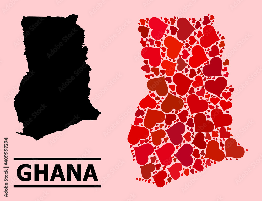 Love pattern and solid map of Ghana on a pink background. Collage map of Ghana is composed with red valentine hearts. Vector flat illustration for love conceptual illustrations.