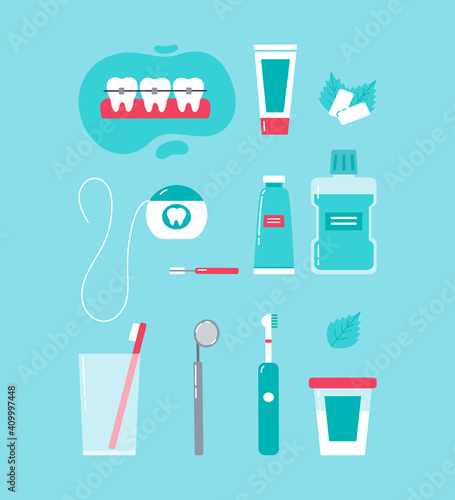 Dental care concept. Various accessories for daily dental care. Toothbrush, dental floss, mouthwash, braces, chewing gum, mint, dentifrice. Vector cartoon illustration in trendy colors.