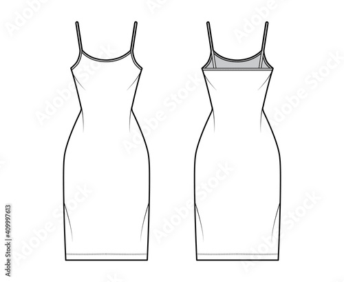 Camisole dress technical fashion illustration with scoop neck, straps, knee length, fitted body, Pencil fullness. Flat apparel template front, back, white, grey color. Women, men, unisex CAD mockup