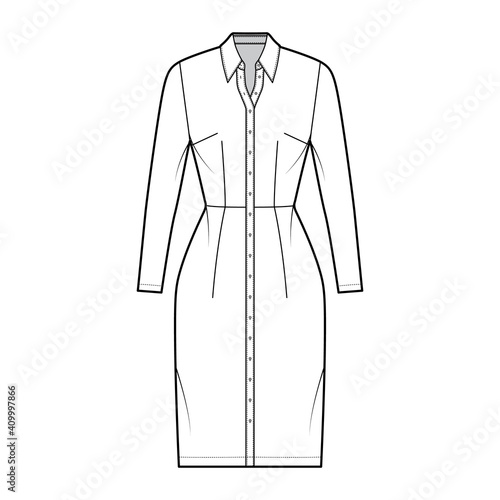 Shirt dress technical fashion illustration with classic regular collar, knee length, fitted body, long sleeves, button up. Flat apparel template front, white color. Women, men, unisex CAD mockup