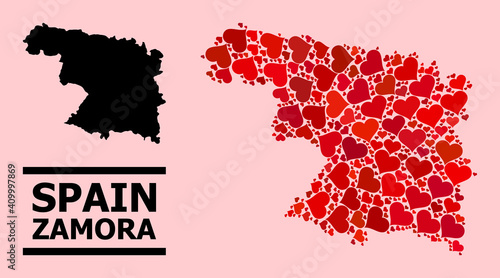Love mosaic and solid map of Zamora Province on a pink background. Mosaic map of Zamora Province created with red love hearts. Vector flat illustration for love abstract illustrations.