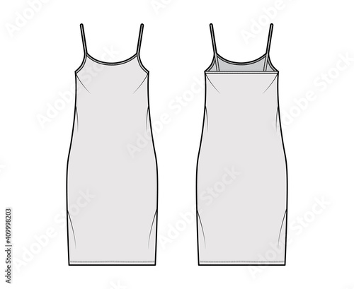 Camisole dress technical fashion illustration with scoop neck, straps, knee length, oversized body, Pencil fullness. Flat apparel template front, back, white, grey color. Women, men, unisex CAD mockup