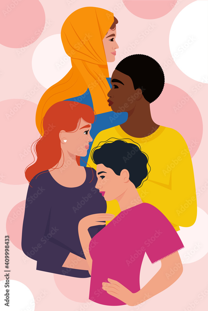 Women of different nationalities and cultures. Friendship, feminist, sisterhood or woman’s day concept. Vector illustration in flat style