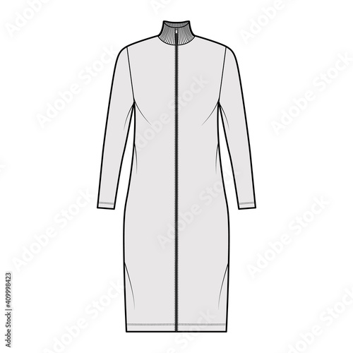 Turtleneck zip-up dress technical fashion illustration with long sleeves, knee length, oversized body, Pencil fullness. Flat apparel template front, grey color. Women, men, unisex CAD mockup