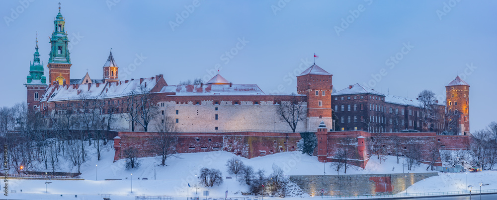 Krakow winter, Wawel Castle in the snow snow, Poland