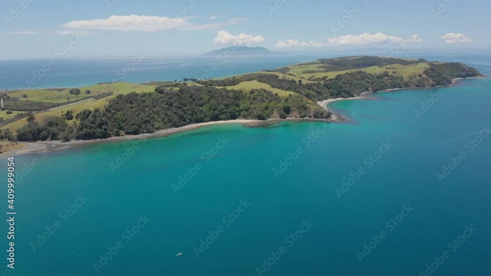 Aerial: Sweeping view of Tawharanui peninsula Aerial: Sweeping view of Tawharanui peninsula