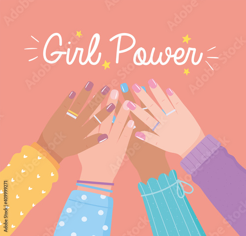 girl power diverse hands up female togwether, womens day