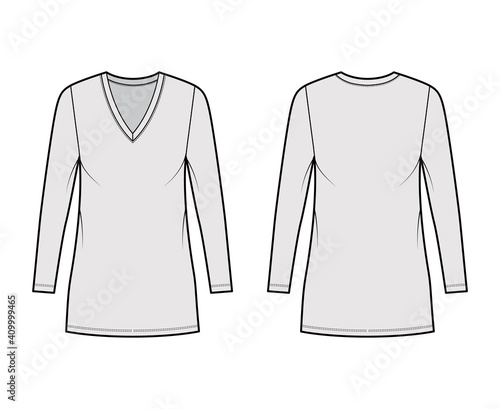 T-shirt dress technical fashion illustration with V-neck, long sleeves, mini length, oversized body, Pencil fullness. Flat apparel template front, back, grey color. Women, men, unisex CAD mockup