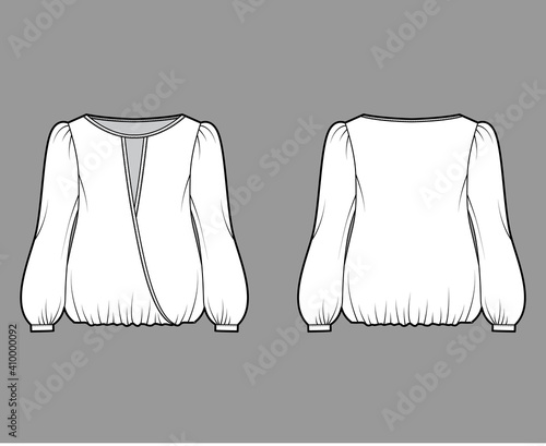 Surplice blouse technical fashion illustration with bouffant long sleeves, gathered hem, wide wrap scoop neck, oversized. Flat shirt apparel top template front, back, white color. Women men CAD mockup