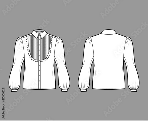 Blouse tuxedo technical fashion illustration with long bouffant sleeves, classic collar, pintucked bib, oversized. Flat apparel shirt top template front, back, white color. Women men unisex CAD mockup