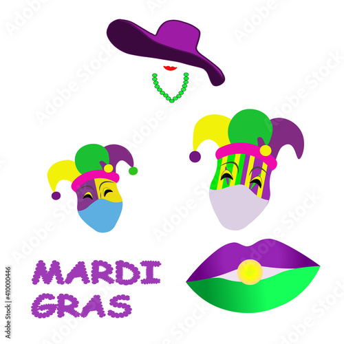 The label of the Mardi Gras celebration. Masquerade parade of traditional colorful symbols. Festive Carnival invitation sticker tag. Vector decorative banner background