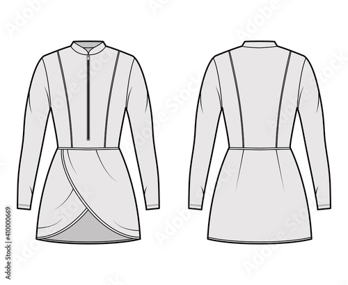 Tunic technical fashion illustration with zip henley neck, long sleeves, fitted body, petals hem. Flat Modest shirt apparel outwear top template front, back, grey color. Women men unisex CAD mockup