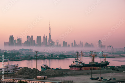 Dubai city skyline at morning fog