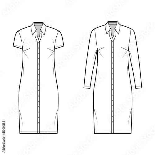 Shirt dress technical fashion illustration with classic regular collar, knee length, oversized body, Pencil fullness, button up. Flat apparel template front, white color. Women, men CAD mockup