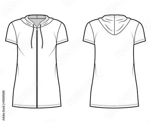 Hoodie zip-up dress technical fashion illustration with short sleeves, mini length, oversized body, Pencil fullness. Flat apparel template front, back, white color. Women, men, unisex CAD mockup