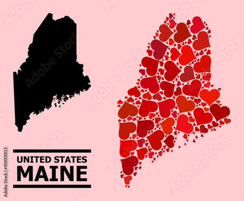 Love collage and solid map of Maine State on a pink background. Collage map of Maine State created with red lovely hearts. Vector flat illustration for love conceptual illustrations.