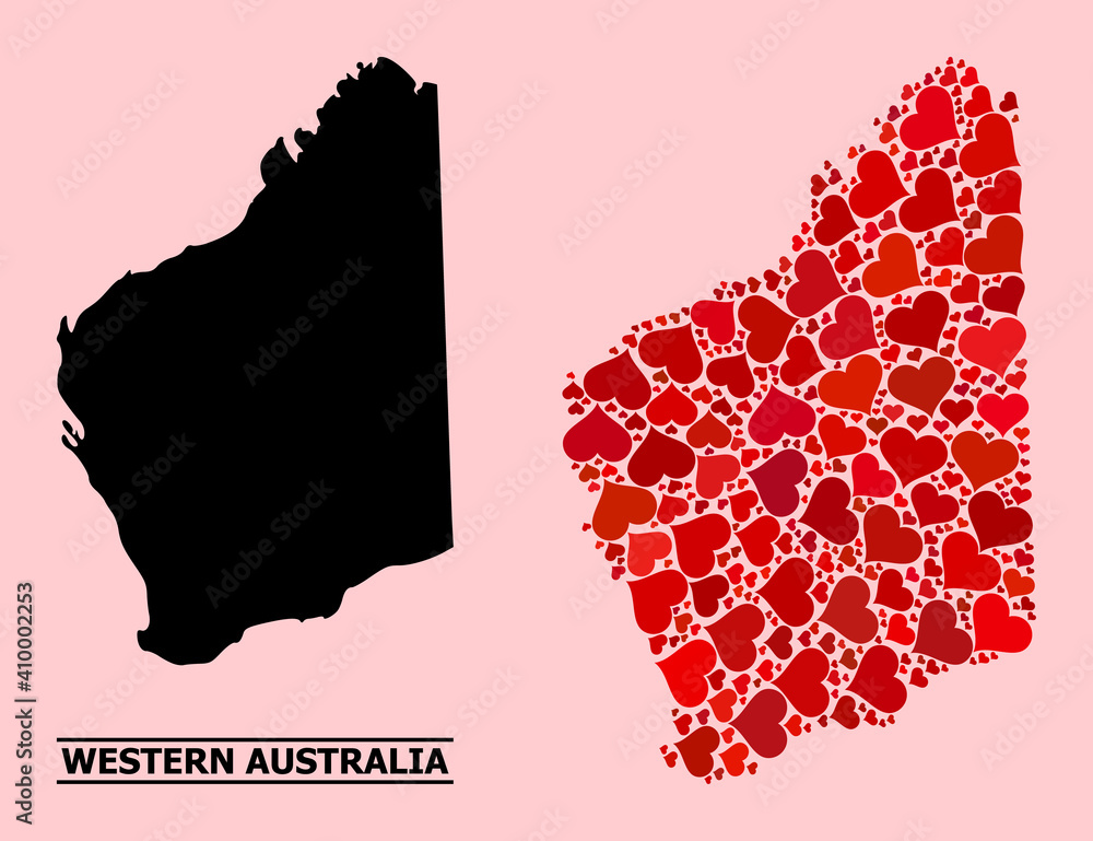 Love mosaic and solid map of Western Australia on a pink background. Mosaic map of Western Australia designed from red love hearts. Vector flat illustration for love conceptual illustrations.