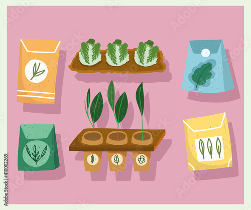 gardening icons set plantation plants and seeds hand drawn color