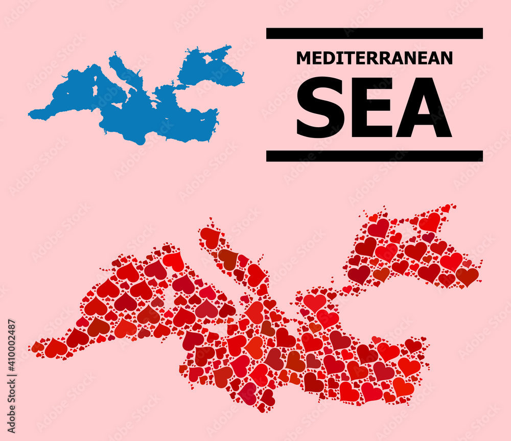 Obraz premium Love collage and solid map of Mediterranean Sea on a pink background. Collage map of Mediterranean Sea is designed with red lovely hearts. Vector flat illustration for marriage abstract illustrations.