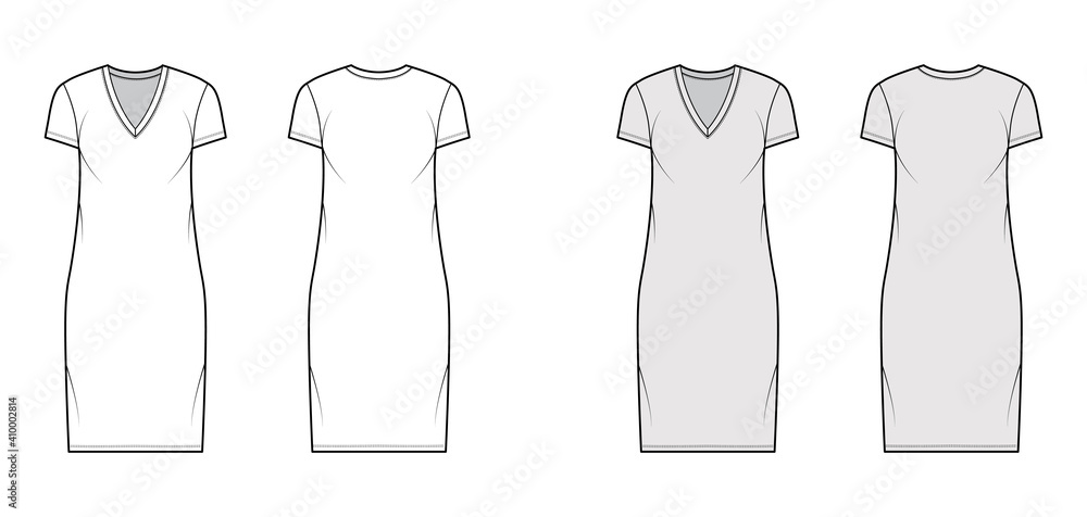 T-shirt dress technical fashion illustration with V-neck, short sleeves, knee length, oversized body, Pencil fullness. Flat apparel template front, back, white, grey color. Women men unisex CAD mockup T-shirt dress technical fashion illustration with V-neck, short sleeves, knee length, oversized body, Pencil fullness. Flat apparel template front, back, white, grey color. Women men unisex CAD mockup