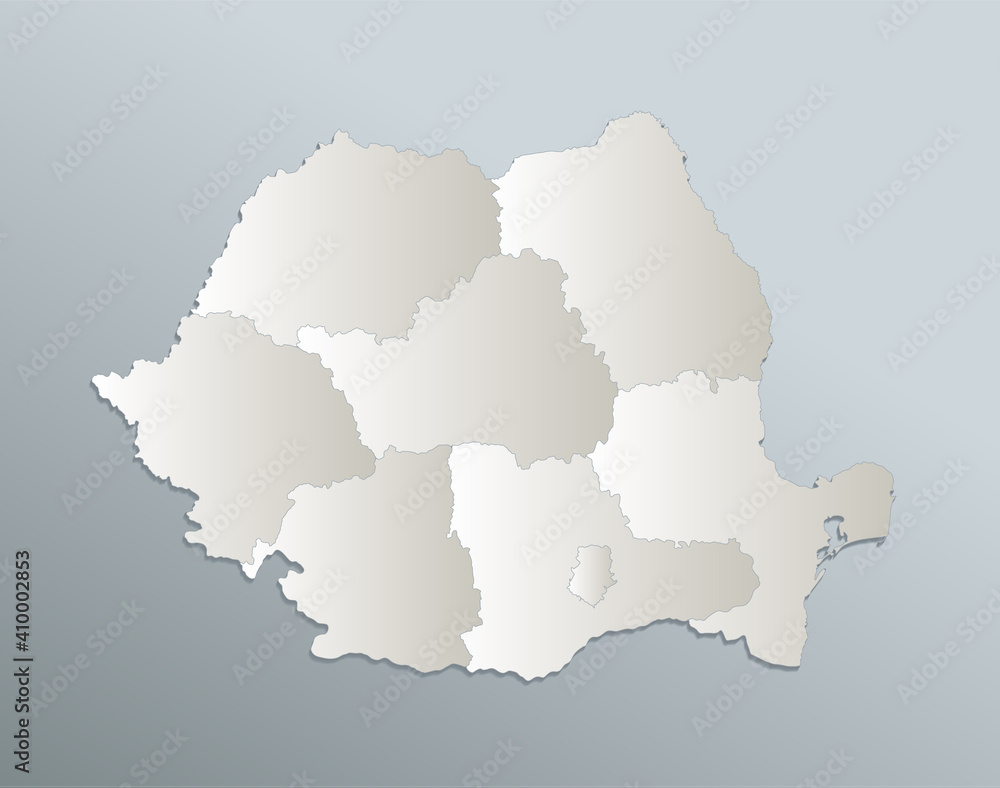 Romania map, administrative division with names, blue white card paper 3D blank