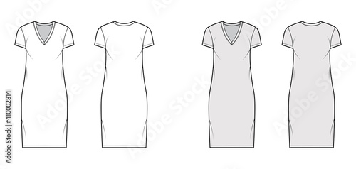 T-shirt dress technical fashion illustration with V-neck, short sleeves, knee length, oversized body, Pencil fullness. Flat apparel template front, back, white, grey color. Women men unisex CAD mockup