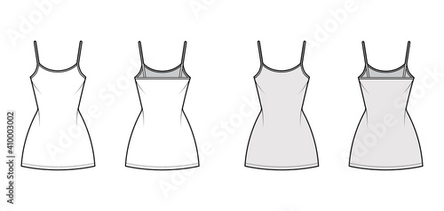 Camisole dress technical fashion illustration with scoop neck, straps, mini length, fitted body, Pencil fullness. Flat apparel template front, back, white, grey color. Women, men, unisex CAD mockup