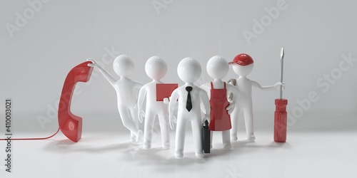 Technical support team. Engineer, technician and workers of various professions. Specialists Team Using Tools, Installing, Repairing, Maintaining. Miniature people. 3d illustration