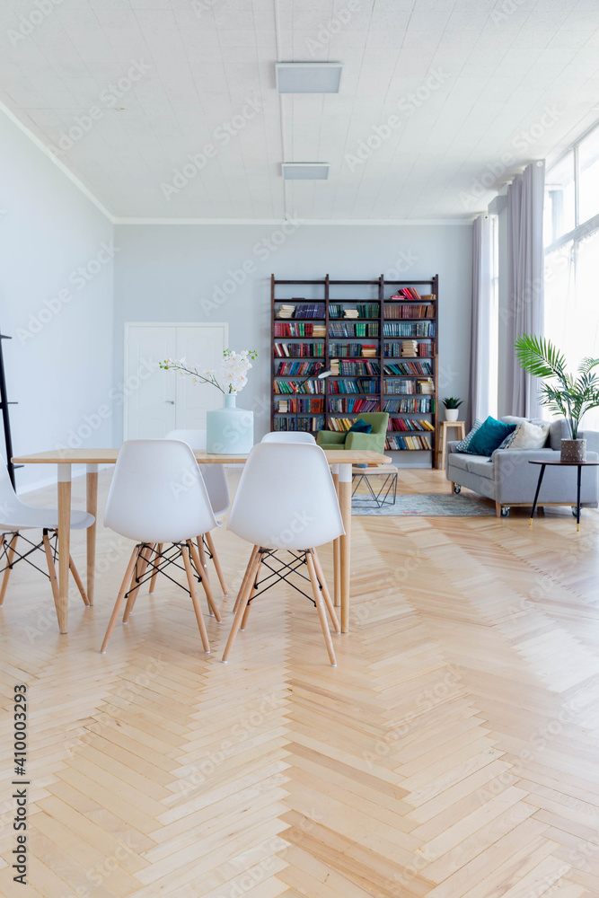 The interior design of the studio apartment in Scandinavian style. A spacious huge room in light colors. stylish expensive luxury furniture. The interior design of the studio apartment in Scandinavian style. A spacious huge room in light colors. stylish expensive luxury furniture.