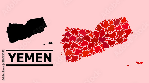 Love pattern and solid map of Yemen on a pink background. Mosaic map of Yemen formed with red valentine hearts. Vector flat illustration for love abstract illustrations.