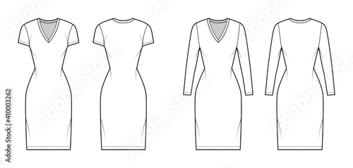 T-shirt dress technical fashion illustration with V-neck, long, short sleeves, knee length, fitted body, Pencil fullness. Flat apparel template front, back, white color. Women, men, unisex CAD mockup