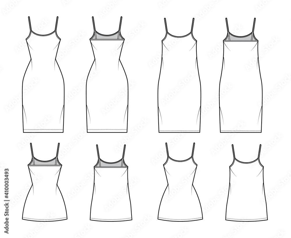 Camisole dress technical fashion illustration with scoop neck, straps, knee, mini length, oversized, fitted body, Pencil fullness. Flat apparel template front, back, white color. Women, men CAD mockup Camisole dress technical fashion illustration with scoop neck, straps, knee, mini length, oversized, fitted body, Pencil fullness. Flat apparel template front, back, white color. Women, men CAD mockup